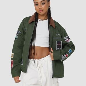 Loiter Patchwork Utility Jacket with Corduroy Collar - Olive Green